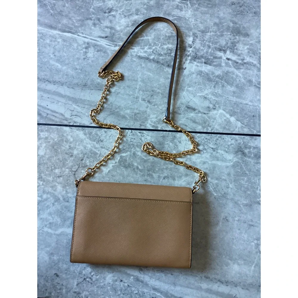 Tory Burch Robinson Chain Wallet Crossbody Bag Tan Saffiano Leather Gold Ware